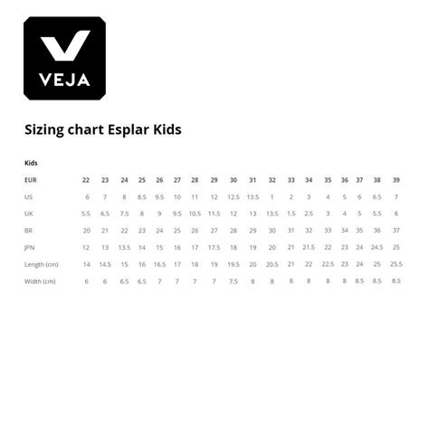 veja kids size chart.